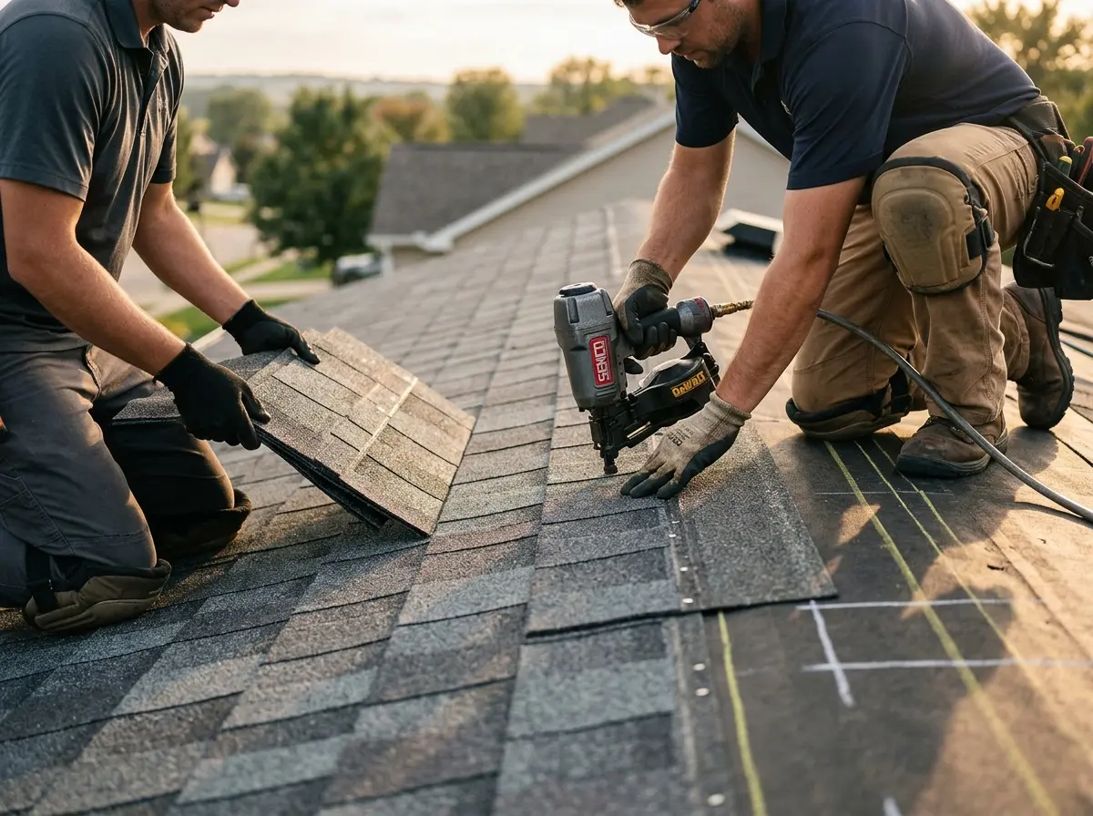 Professional roofer working on a residential roof in Cleveland Heights
